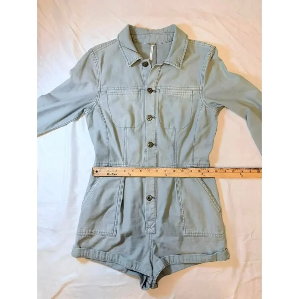 Free People Womens XS Gray Utility Romper Long Sleeve Button Front Pockets